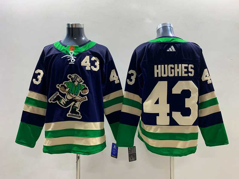 Mens Vancouver Canucks #43 Quinn Hughes Navy 2022 Reverse Retro Stitched Jersey->->NHL Jersey